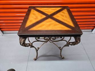 Ornate Wrought Iron and Wood Top Accent Table