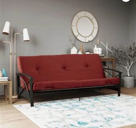 Frame And 6 Inch Futon Mattress with Tufted Cover and Recycled Polyester Fill, Full, Ruby Red