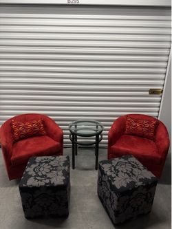 5-Piece Accent Living Room Set (Red Chairs, Damask Ottomans & Glass Table)