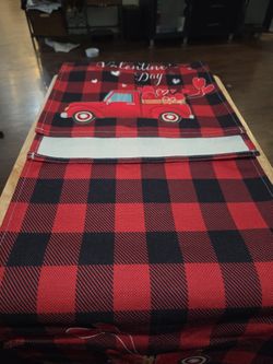 New Valentines Table Runner Red Truck Plaid Black And Red Long