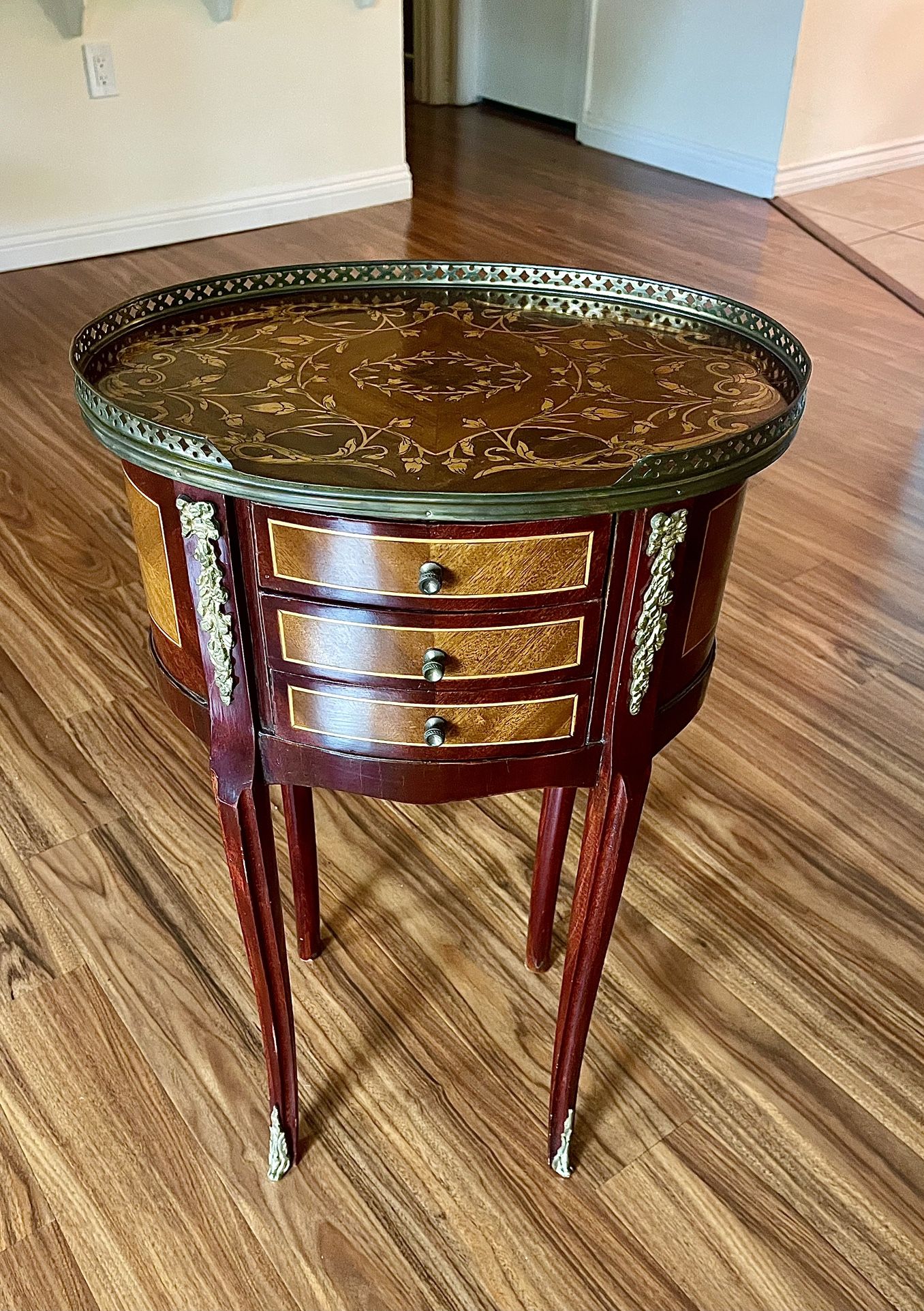 “Louis XV Revival Marquetry Accent Table / Jewelry / Side Table”