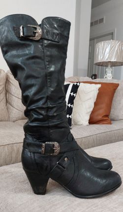 Womens Pierre Dumas Black Vegan Leather Slouch Boots Buckles Mid Calf Biker Boot