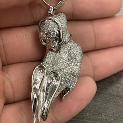 14K White Gold Round Pave Single Full Cut Diamonds Grim Reaper La Santa Muerte Holy Saint Death Pendant 