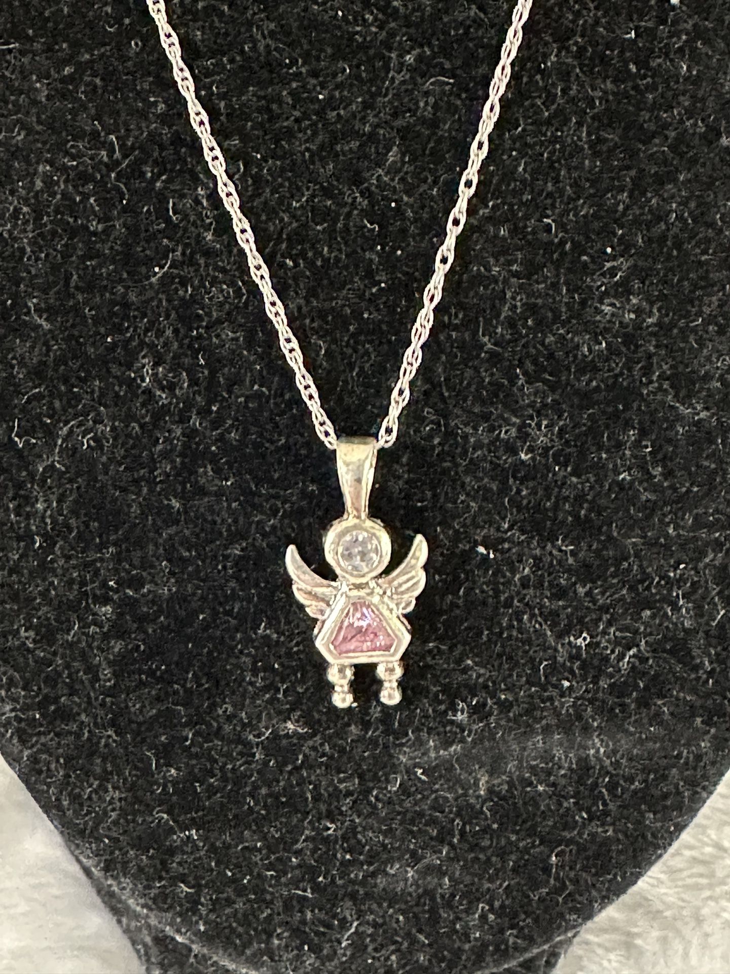 925 Pink & Clear CZ Little Girl Angel 18” Pendant & Chain Are Signed Great Condition