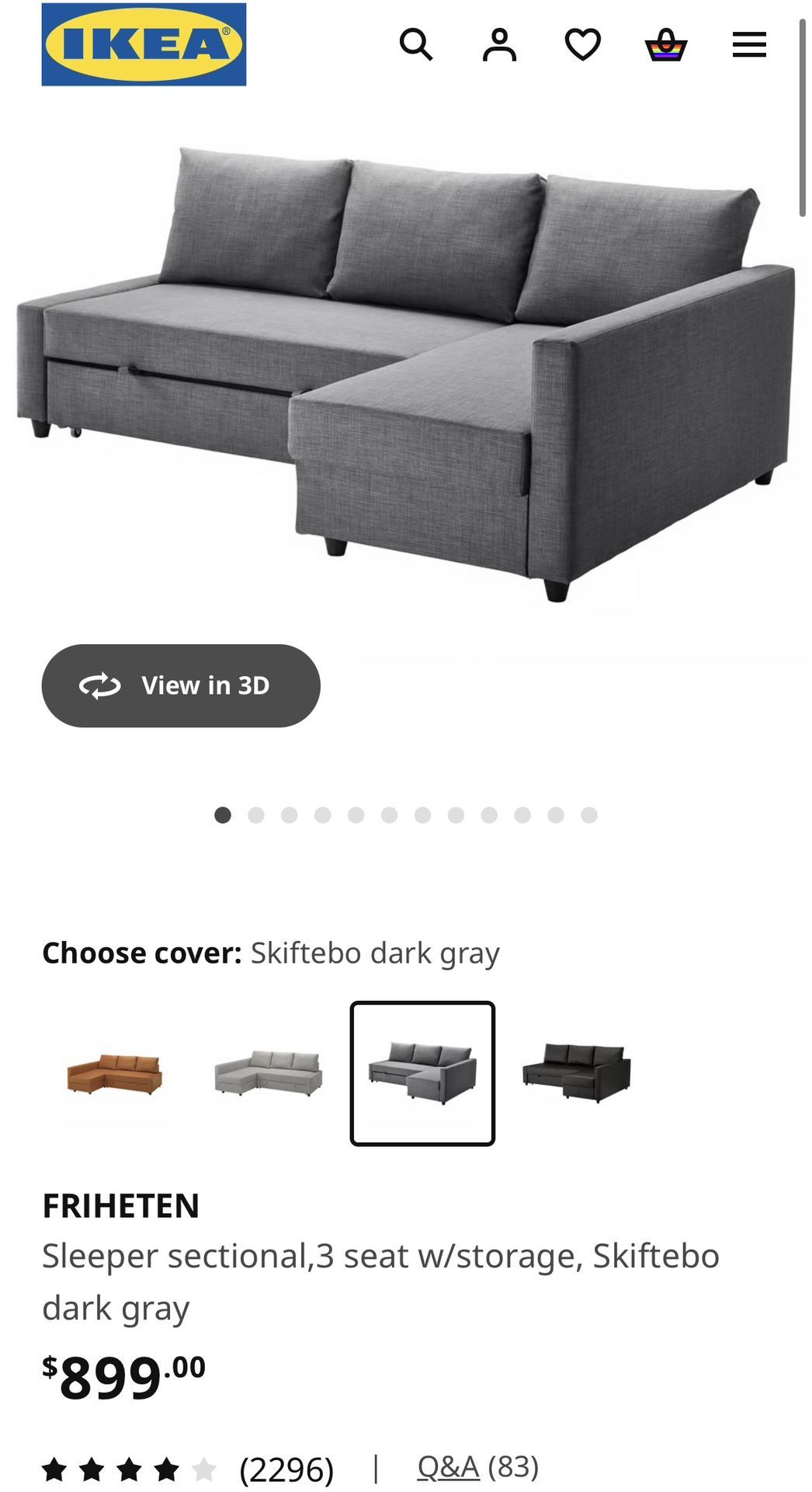 IKEA Sleeper Sectional Couch, 3 seat w/storage