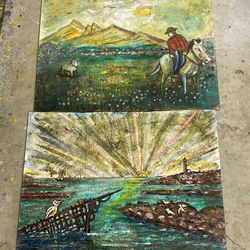 2 Larger 32”x24”Original Paintings,vintage Oils On Misc Boards,local Deceased Artist, Rough Condition Issues, Were Stored Outdoors,landscape 