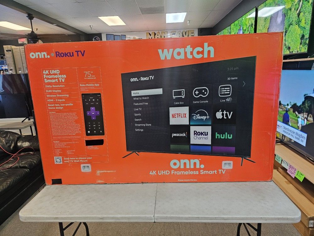 ONN 75 INCH UHD ROKU TV'S IN STOCK AIR PLAY BLUETOOTH W/WARRANTY - PAYMENT OPTINS