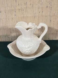 vintage crackle-glaze ceramic pitcher and basin set.