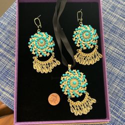 Panamanian Set, Earrings And charm, turquoise And gold Color