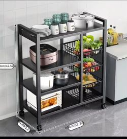New! Movable Storage Rack, Adjustable 4-storey Kitchen Shelf with 3 Wire Baskets, Kitchen Organizer And Storage, Metal Shelf Rack with Wheels, Suitabl