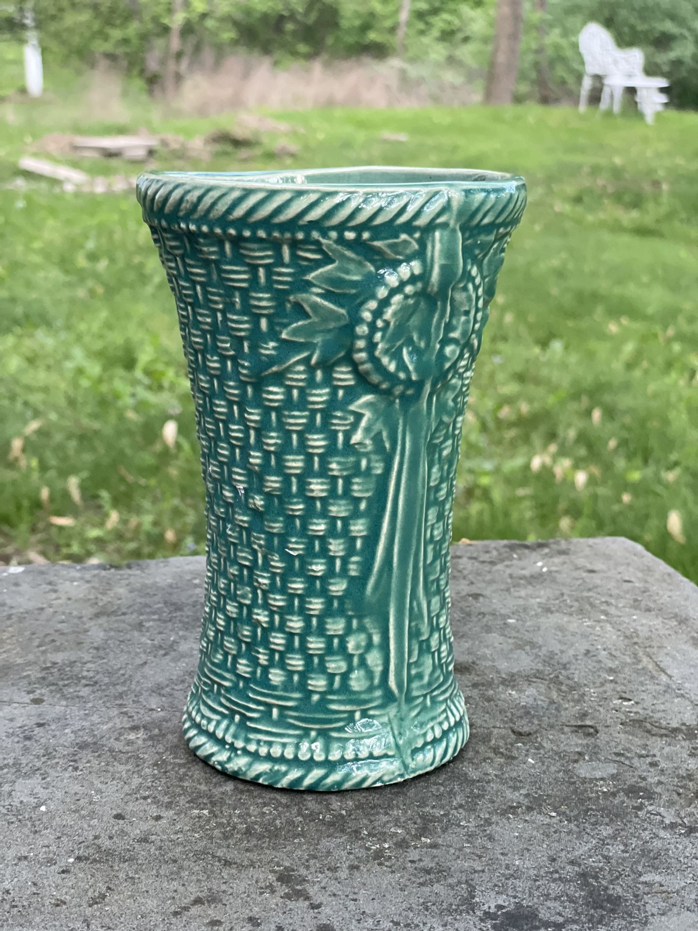 NELSON MCCOY LEAVES & BASKETWEAVE 7" TURQUOISE BLUE VASE
