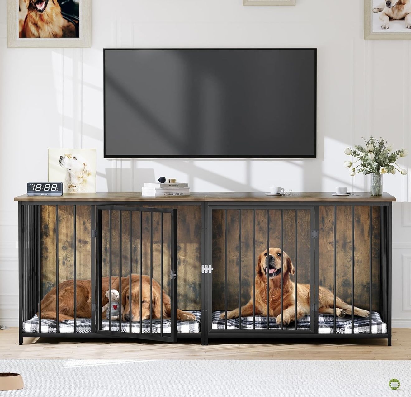 Double Dog Crate Furniture, 80.2 inch Large Breed Dog Kennel with Divider