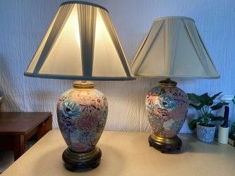Chinoiserie Floral Urn Table lamp with Triangle Pleated Shade (Set of 2)
