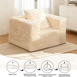 beige Single Cloud Sofa, Giant Bean Bag Chair with High Backrest & Wider Armrest, Foam Boneless Couch for Small Spaces