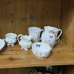 6pc Set British Aynsley Cottage Garden Bone China Sugar Milk Jar Tea