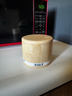 Wooden salt cellar w lid and spoon