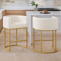 Set of 2 Counter Height Bar Modern Barrel Counter Stools with Backrest and Arms, gold Metal Frames