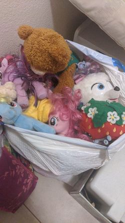 Bag full of stuffed animals and toys