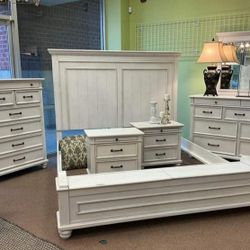 Whitewash Bedroom Set Queen or King Bed Dresser Nightstand Mirror Chest Options