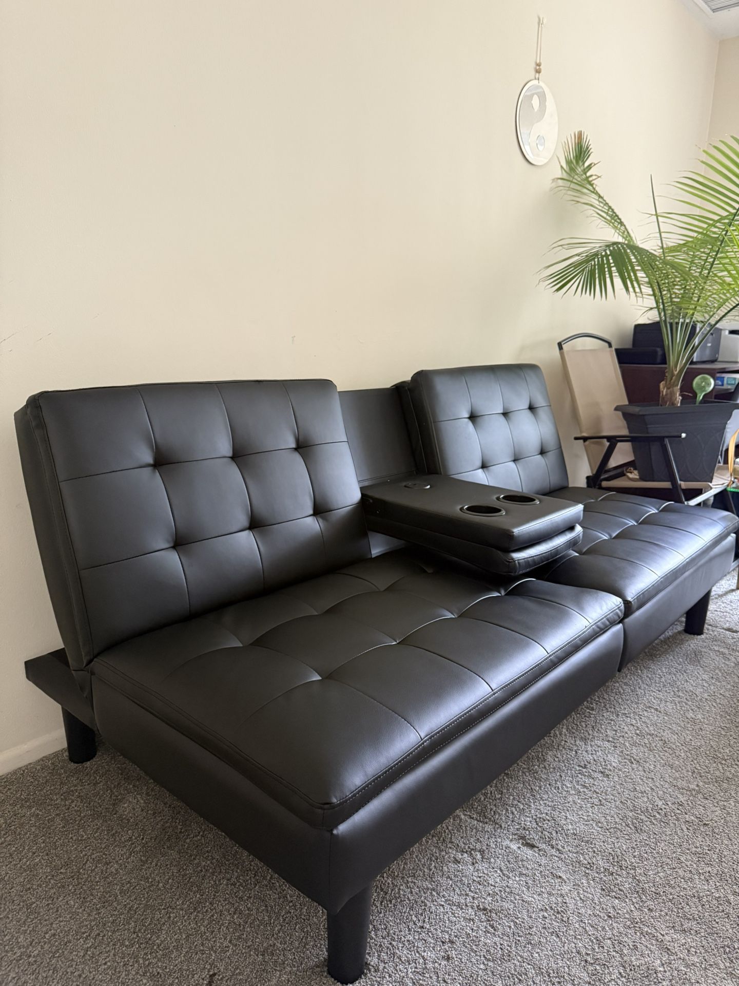 Convertible Upholstered Faux Leather Futon Couch, Black