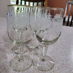 Libbey Rose Etching Vintage Gold Rimmed Wine Glasses, Set of 4, Rare