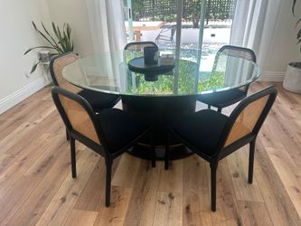 Mahogany Dining Table Set with Custom Glass Top + 5 Chairs