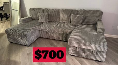 Gray Corduroy Sectional Sofa with Double Chaise