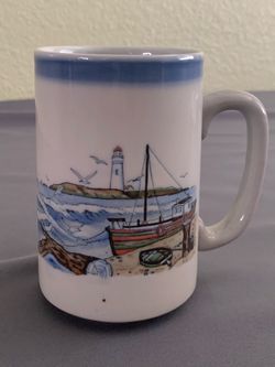 Vintage Otagiri Japan Nautical Lighthouse Mug Seagulls Boat Coast, Mint Condition