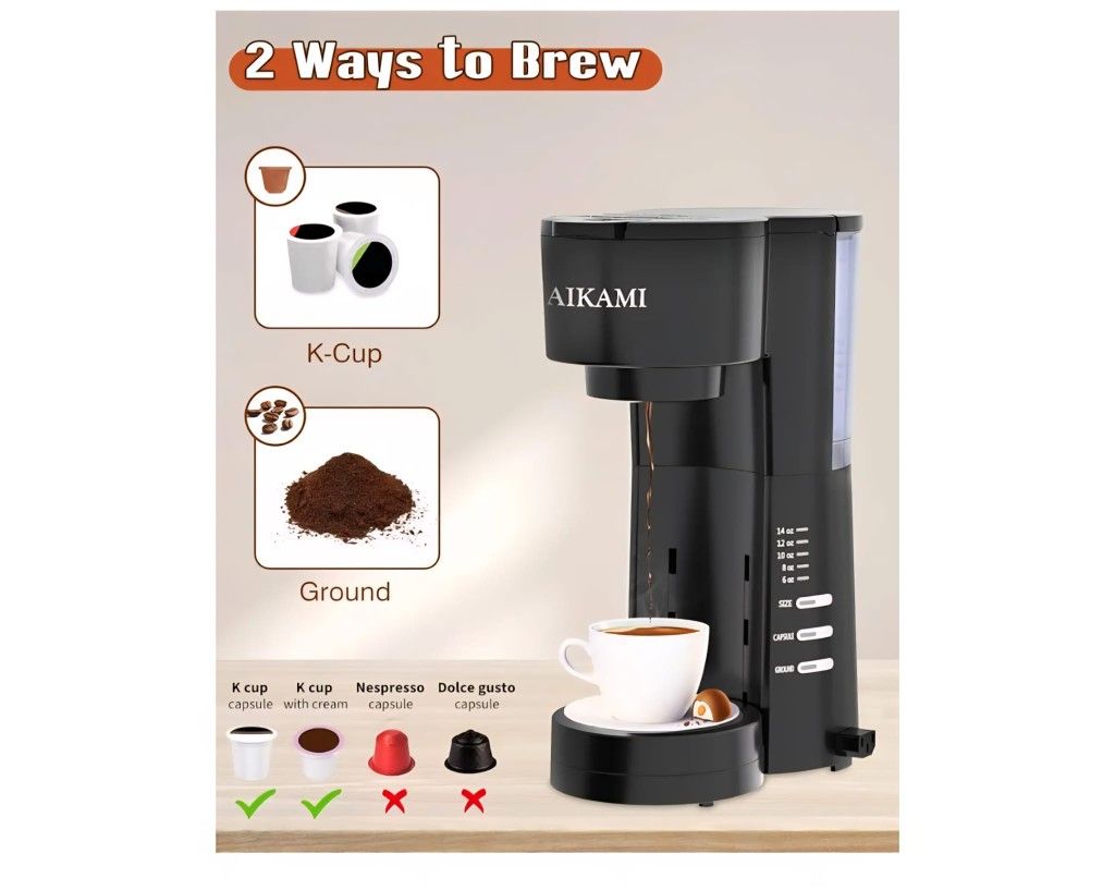 4 IN 1 Single Serve Coffee Maker with Milk Frother and Coffee Grinder, Coffee Maker for K Cup and Ground Coffee, with 30 oz Removable Water Reservoir,