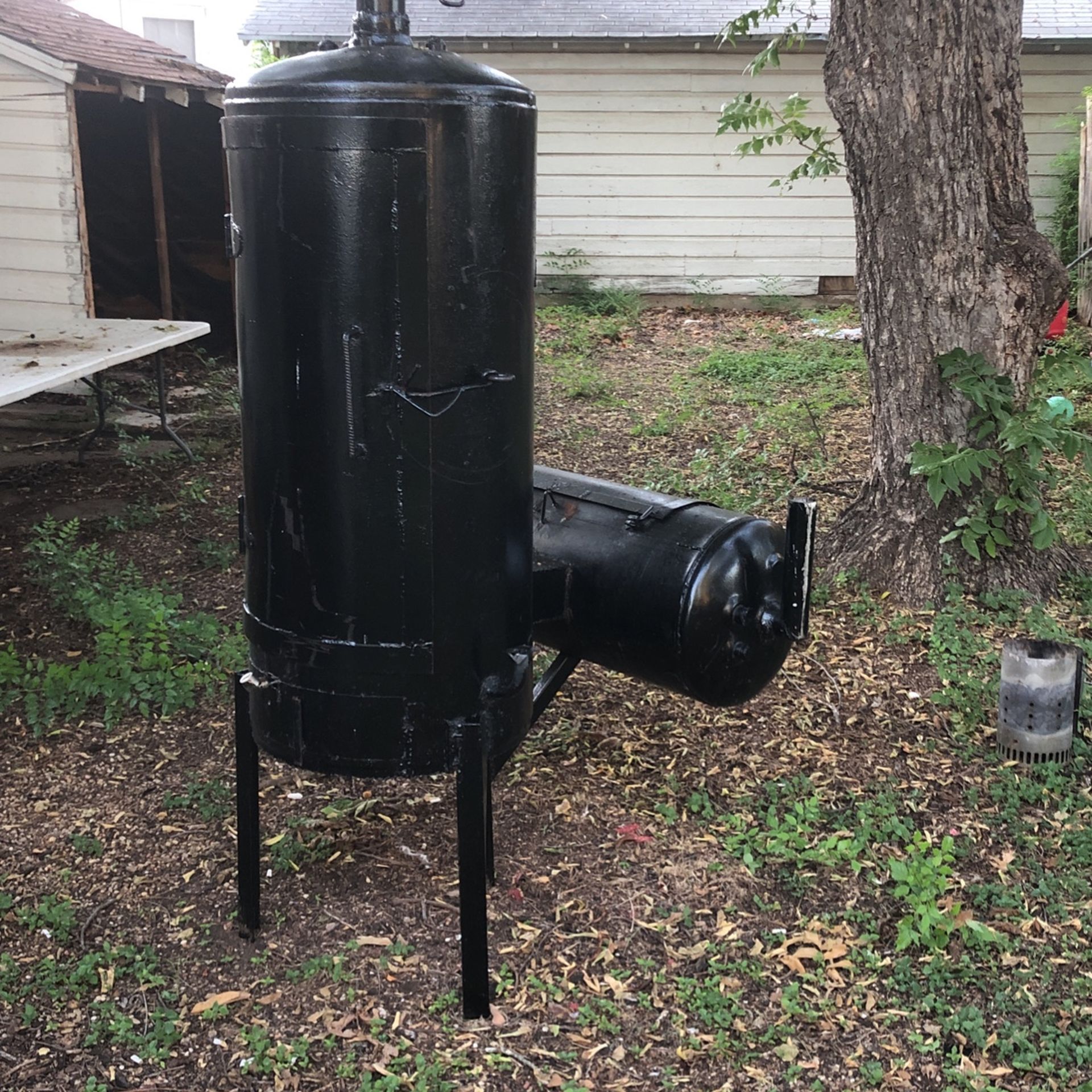 Home Made Bbq Grill And Smoker It Has Propane burner within the smoke Barrel also