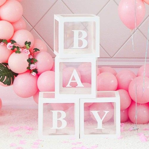 Baby Shower Boxes Party Decorations, 4-Pack Transparent Balloons Boxes Décor with BABY Letters Blocks for Boys Girls Baby Shower Decorations Gender Re