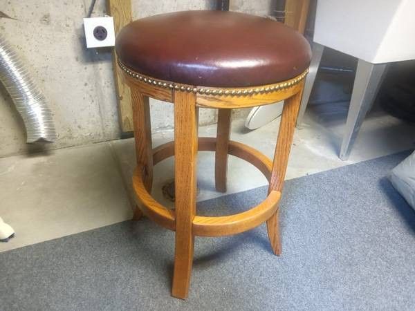 Wooden Bar Stool With Leather Top 18" Diameter 26" Tall