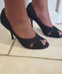 Black suede peep toe heels