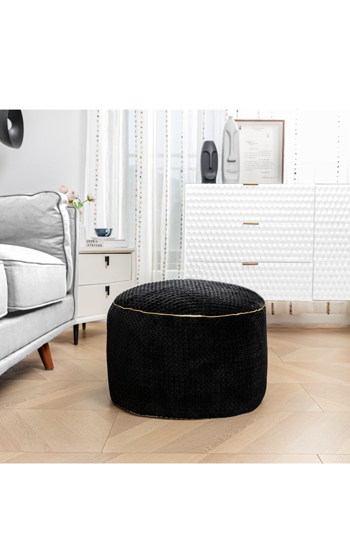 Round Stuffed Pouf Ottoman 20x20x12 Inches Faux Fur Ottoman Foot Rest Under Desk Foot Stool Great for Living Room, Bedroom Small Furniture (Black)