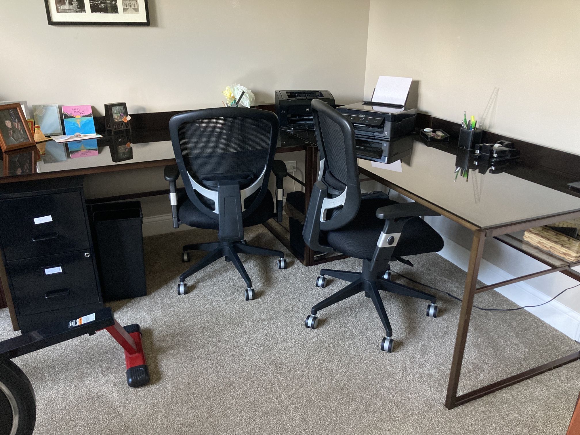 L Shaped Double Office Furniture With Two Rolling Chairs 