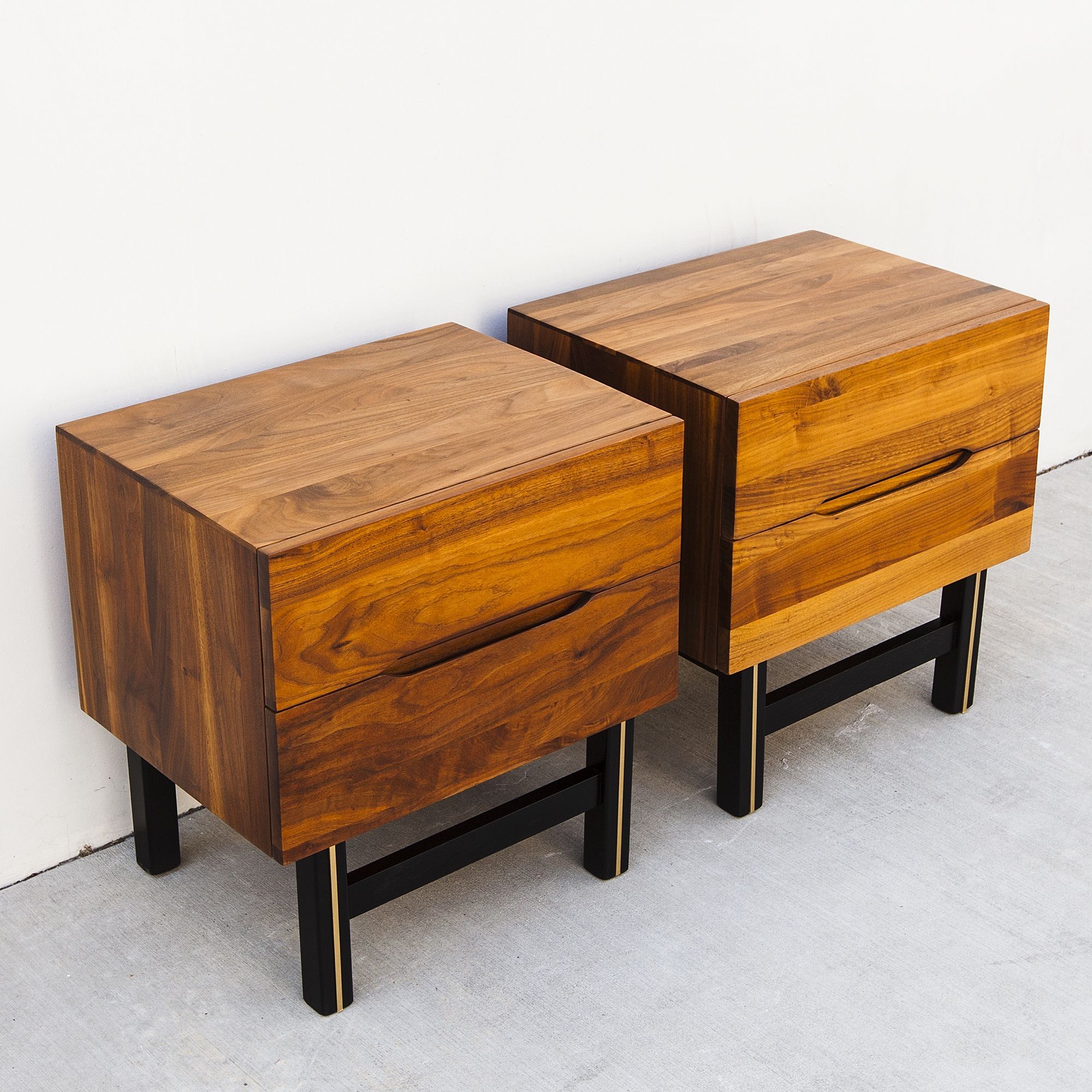 1960s Solid Walnut Two Drawer Nightstands with Sculpted Pulls