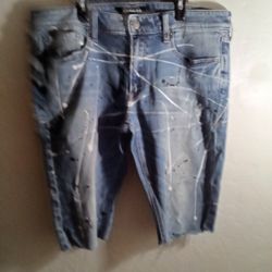 Express Mens (Lt. Blue) Sz 32 Waist Custom Distressed w/(What/Blue/Silver Paint Splatter)