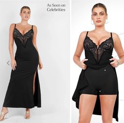 Lace V Neck Side Slit Slimming Maxi Slip Dress