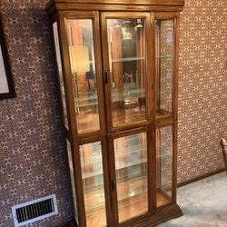 Solid Oak Wood Display China Glass Shelf Cabinet, Lighted 