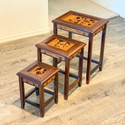 Vintage Oriental Hand Carved Wood Nesting Tables Set 3