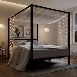 Full Size Metal Canopy Bed Frame, Heavy-Duty Support, Black Modern Four-Poster Platform Bed, Under-Bed Storage, EVA Noise Sponge, Mattress Foundation,