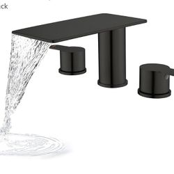 Guoyindong- Deck Mount Roman Tub Faucet, 2 Handle Waterfall Bath Tub Faucet Set High Flow 3 Hole Bathtub Faucets, Matte Black