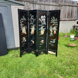 Vintage Asian Geisha Black Lacquer Room Divider, Dual Sided 3D Carved Stone And Painted