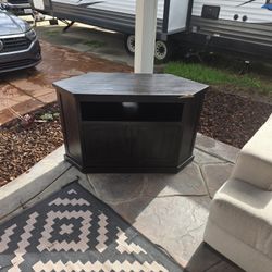 Corner TV Stand – Dark Wood – Storage Cabinet + Shelf