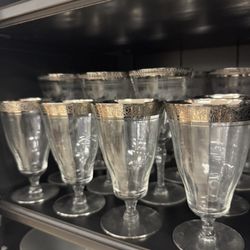 Vintage Glastonbury Rambler Rose Platinum Rim Footed Tumblers (16) 