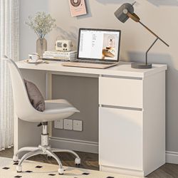 Computer Desk with Drawers, 43 Inch Wood Work Desk, Home Office PC Desk Workstation with Storage, Modern Computer Table for Bedroom, Living Room, Whit