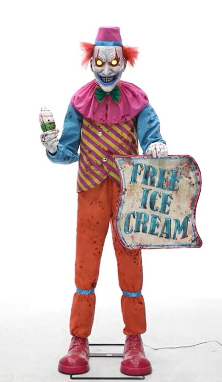 Free Ice Cream" Clown Animated Light-Up Standing Character, Multi-Coloured, 6-ft, Sound & Light Activated Indoor/Outdoor Decoration for Halloween