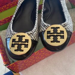 Tory Burch Brown Coconut Tweed Serena Flats 10.5
