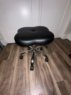 Black Leather Rolling Stool with Chrome Base