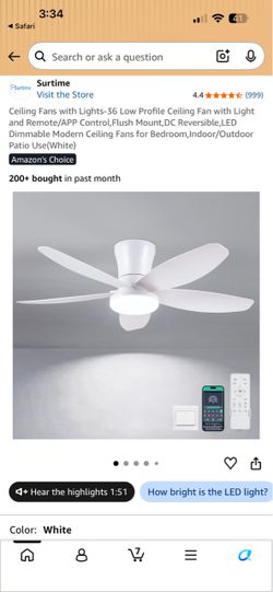 Surtime 36" White Flush Mount Ceiling Fan with Light